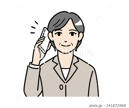 スマホで通話するスーツを着たミドル女性のイラスト スマホで通話するスーツを着たミドル女性のイラスト 141872069