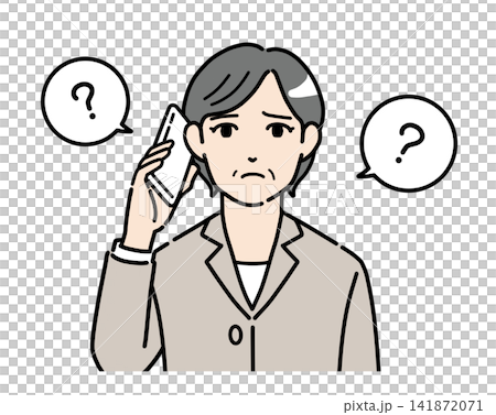 一幅插圖，描繪了一位身穿西裝的中年女性正在用智慧型手機通話，臉上帶著疑惑的表情。 141872071