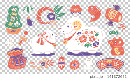 お正月の羊と縁起物の手描きセット 和風飾りと和紙の未年イラスト お正月の羊と縁起物の手描きセット 和風飾りと和紙の未年イラスト 141872651