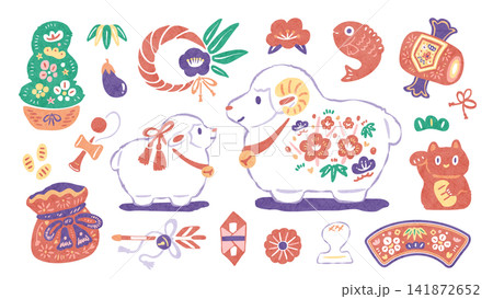 お正月の羊と縁起物の手描きセット 和風飾りと和紙の未年イラスト(白背景) お正月の羊と縁起物の手描きセット 和風飾りと和紙の未年イラスト(白背景) 141872652
