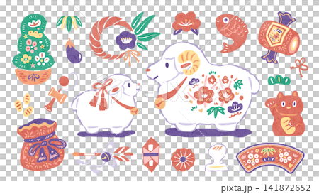 お正月の羊と縁起物の手描きセット 和風飾りと和紙の未年イラスト(白背景) お正月の羊と縁起物の手描きセット 和風飾りと和紙の未年イラスト(白背景) 141872652
