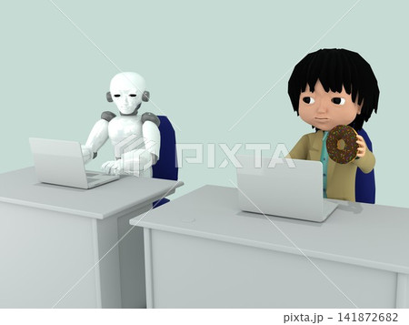 人間とAIの共存・オフィス風景・ビジネスマンとAIロボットがオフィスで机を並べて、PCを使って仕事を 人間とAIの共存・オフィス風景・ビジネスマンとAIロボットがオフィスで机を並べて、PCを使って仕事を 141872682