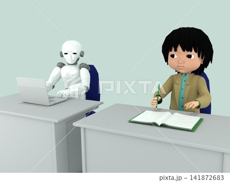 人間とAIの共存・オフィス風景・ビジネスマンとAIロボットがオフィスで机を並べて、PCを使って仕事を 人間とAIの共存・オフィス風景・ビジネスマンとAIロボットがオフィスで机を並べて、PCを使って仕事を 141872683