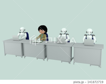 人間とAIの共存・オフィス風景・ビジネスマンとたくさんのAIロボットがオフィスで机を並べて、PCを使 141872719