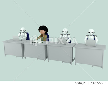 人間とAIの共存・オフィス風景・ビジネスマンとたくさんのAIロボットがオフィスで机を並べて、PCを使 141872720