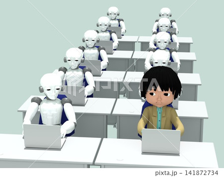 人間とAIの共存・オフィス風景・ビジネスマンとたくさんのAIロボットがオフィスで机を並べて、PCを使 人間とAIの共存・オフィス風景・ビジネスマンとたくさんのAIロボットがオフィスで机を並べて、PCを使 141872734
