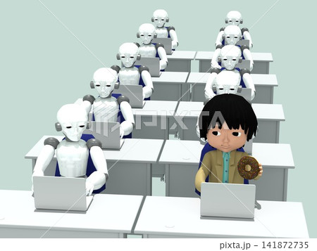 人間とAIの共存・オフィス風景・ビジネスマンとたくさんのAIロボットがオフィスで机を並べて、PCを使 141872735