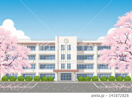 学校の校舎と桜 学校の校舎と桜 141872828