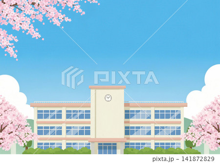 学校の校舎と桜 141872829