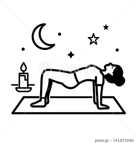 Minimalist icon depicting a person practicing a gentle yoga pose under the moon and stars for nighttime relaxation. Minimalist icon depicting a person practicing a gentle yoga pose under the moon and stars for nighttime relaxation. 141872840