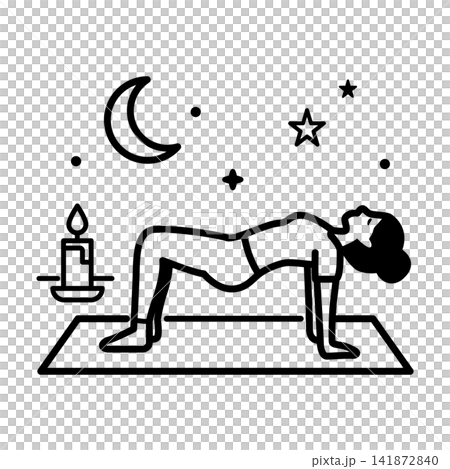 Minimalist icon depicting a person practicing a gentle yoga pose under the moon and stars for nighttime relaxation. 141872840