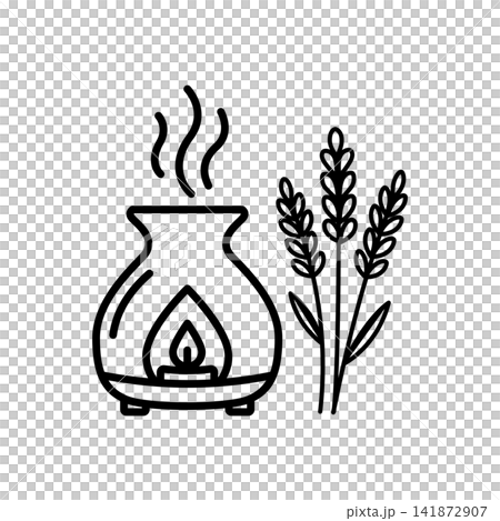 Minimalist icon depicting an oil diffuser with steam and herbs for calm essential oils and sleep aromatherapy. Minimalist icon depicting an oil diffuser with steam and herbs for calm essential oils and sleep aromatherapy. 141872907