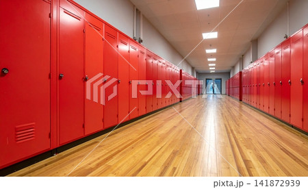 Empty factory rows of red lockers on both sides and polished wooden floors Empty factory rows of red lockers on both sides and polished wooden floors 141872939