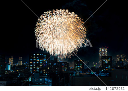 夜空に咲く岡崎花火大会とタワーマンションの俯瞰風景 夜空に咲く岡崎花火大会とタワーマンションの俯瞰風景 141872981