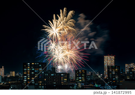 夜空に咲く岡崎花火大会とタワーマンションの俯瞰風景 夜空に咲く岡崎花火大会とタワーマンションの俯瞰風景 141872995