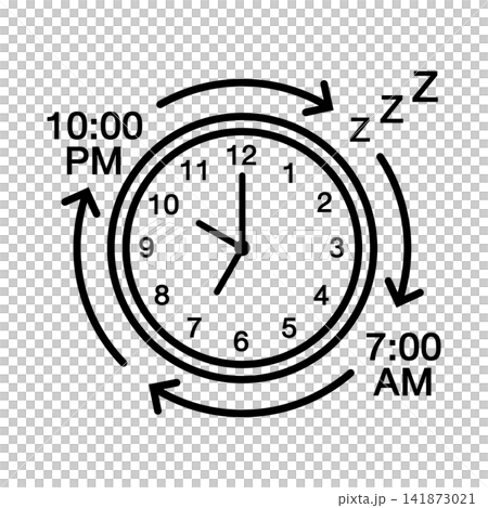 Black and white minimal line art icon depicting a clock and routine arrows for consistent sleep schedule and healthy bedtime habits. Black and white minimal line art icon depicting a clock and routine arrows for consistent sleep schedule and healthy bedtime habits. 141873021