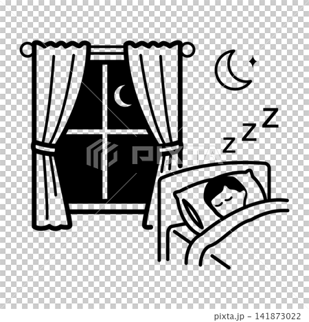 Minimalist line art icon of a dark bedroom with curtains and night sky, representing optimal dark sleeping environment conditions. Minimalist line art icon of a dark bedroom with curtains and night sky, representing optimal dark sleeping environment conditions. 141873022