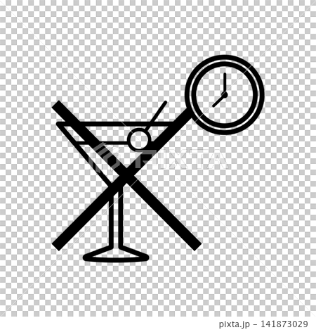 Minimal line art icon of a crossed-out cocktail glass and clock, representing limited alcohol consumption for healthy sleep. Minimal line art icon of a crossed-out cocktail glass and clock, representing limited alcohol consumption for healthy sleep. 141873029