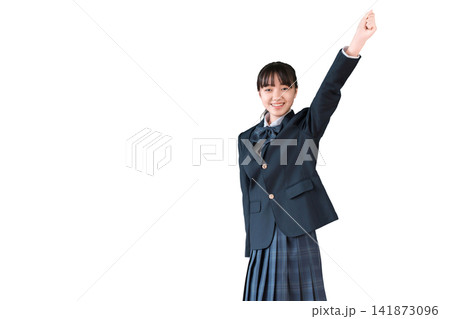 ガッツポーズをするブレザー姿の小学生,中学生,高校生の女子生徒 ガッツポーズをするブレザー姿の小学生,中学生,高校生の女子生徒 141873096