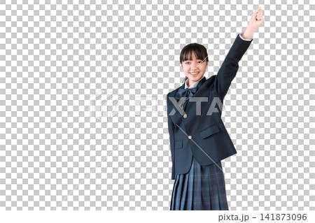 ガッツポーズをするブレザー姿の小学生,中学生,高校生の女子生徒 ガッツポーズをするブレザー姿の小学生,中学生,高校生の女子生徒 141873096
