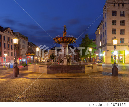 Stork Fountain at Amagertorv Square at Night in Copenhagen Denmark 141873135