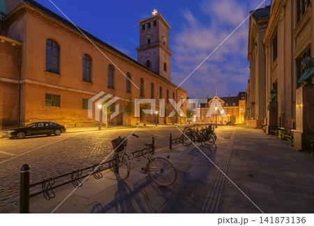 Church of Our Lady and Historic Street at Night in Copenhagen Denmark 141873136