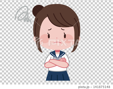 一幅插圖,描繪了一位身穿水手服的女學生,雙臂交叉在胸前,陷入沉思。 一幅插圖,描繪了一位身穿水手服的女學生,雙臂交叉在胸前,陷入沉思。 141873148