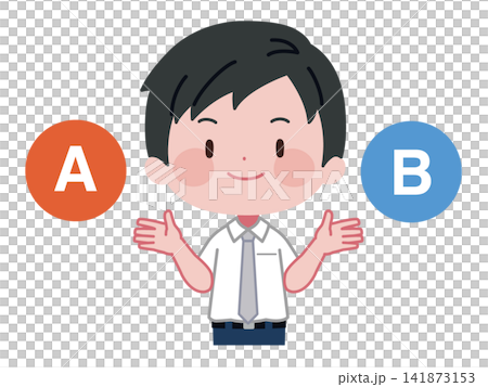 An illustration of a man in a dress shirt presenting two options, A and B, for comparison. An illustration of a man in a dress shirt presenting two options, A and B, for comparison. 141873153
