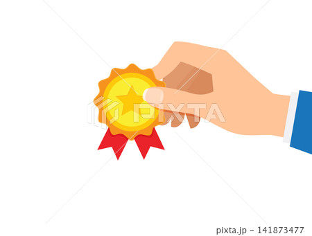 hand holding award medal with ribbon star badge graphic illustration 141873477