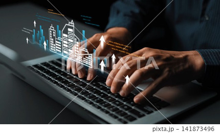 Hands typing on laptop keyboard with digital graphs and growth indicators on screen in dark environment showcasing modern data analysis concept Gluon Hands typing on laptop keyboard with digital graphs and growth indicators on screen in dark environment showcasing modern data analysis concept Gluon 141873496