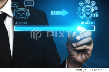 Business Professional Demonstrating AI Chat to AI Agent Transition with Digital Interface and Futuristic Icons. Liminal Business Professional Demonstrating AI Chat to AI Agent Transition with Digital Interface and Futuristic Icons. Liminal 141873556