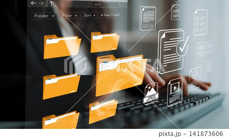 A professional engages in digital file management, utilizing a computer interface that showcases organized virtual folders and document icons, enhancing workplace efficiency and productivity. Sigmoid A professional engages in digital file management, utilizing a computer interface that showcases organized virtual folders and document icons, enhancing workplace efficiency and productivity. Sigmoid 141873606