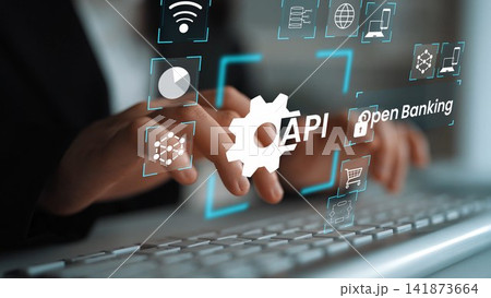 Hands Typing on Keyboard with Open Banking and API Icons Representing Digital Banking Innovations and Technology Integration in Finance Industry Gluon Hands Typing on Keyboard with Open Banking and API Icons Representing Digital Banking Innovations and Technology Integration in Finance Industry Gluon 141873664