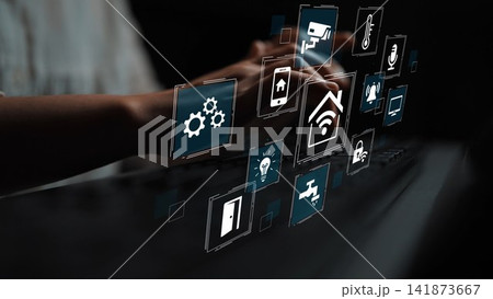 Hands Engaging with Digital Interface Symbolizing Smart Home Technology and Automation Innovation for Modern Living. Entropy Hands Engaging with Digital Interface Symbolizing Smart Home Technology and Automation Innovation for Modern Living. Entropy 141873667