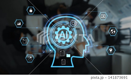 Futuristic Concept of Artificial Intelligence with Brain and Technology Elements in Office Environment, Focus on Data and Innovation in Business Landscape Gluon 141873691