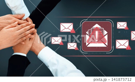 Visual representation of teamwork with hands joined together above digital email alerts, indicating urgency in communication strategies and collaboration in a professional setting. Sigmoid 141873712