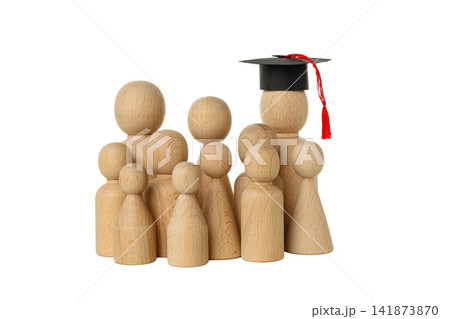Wood figures celebrate graduation and school, isolated on white, PNG Wood figures celebrate graduation and school, isolated on white, PNG 141873870