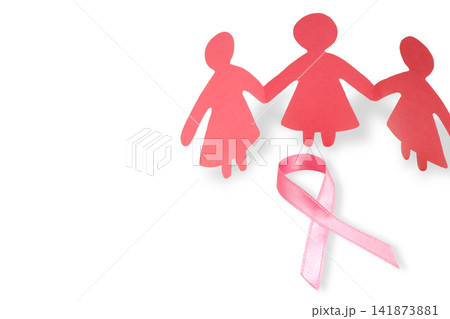 Three cutouts of women with a pink ribbon, isolated, PNG 141873881