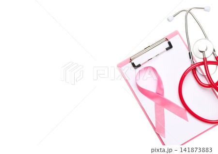 Clipboard, stethoscope, and pink cancer ribbon, isolated, PNG Clipboard, stethoscope, and pink cancer ribbon, isolated, PNG 141873883