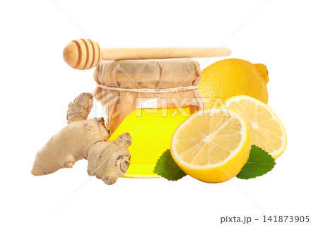 Ginger and lemon surround a jar filled with honey, PNG Ginger and lemon surround a jar filled with honey, PNG 141873905