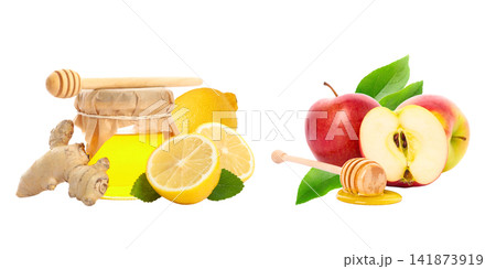 Set. Lemon, ginger, and apple arranged with honey creating a vibrant display, PNG Set. Lemon, ginger, and apple arranged with honey creating a vibrant display, PNG 141873919