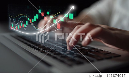 Close-up of Hands Typing on Laptop Keyboard with Digital Financial Chart Representing Data Analytics and Market Growth for Business Success Copula Close-up of Hands Typing on Laptop Keyboard with Digital Financial Chart Representing Data Analytics and Market Growth for Business Success Copula 141874015