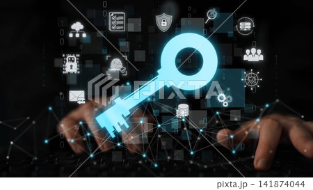 A digital illustration showcasing a key symbolizing cybersecurity and data protection with hands on a keyboard, surrounded by various technology icons and communication elements. Sigmoid 141874044