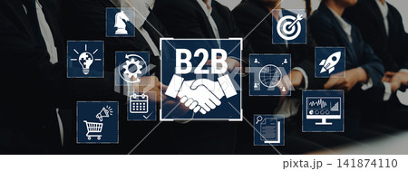 Business to Business Partnership Concept with Digital Icons Representing Collaboration, Innovation, and Growth Strategies in a Modern Office Environment Fluxor 141874110