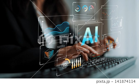 Close-up of Business Professional Analyzing Data and Creating Artificial Intelligence Solutions with Graphs and Charts on Screen in a Modern Office Environment Gluon 141874114