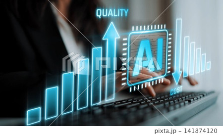 Explore the impact of AI technology on business productivity, showcasing digital graphs that illustrate quality improvements and cost reductions in a modern office setting. Sigmoid Explore the impact of AI technology on business productivity, showcasing digital graphs that illustrate quality improvements and cost reductions in a modern office setting. Sigmoid 141874120