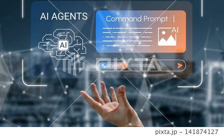 Futuristic AI Agents Interface with Human Hand Interacting with Digital Commands and Data Visualization Gluon Futuristic AI Agents Interface with Human Hand Interacting with Digital Commands and Data Visualization Gluon 141874127