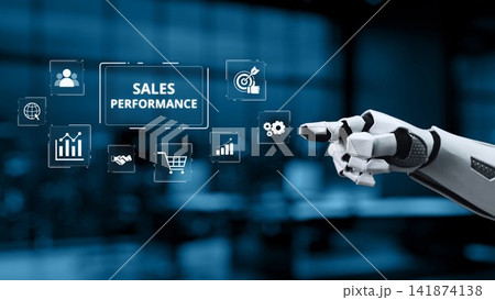 Futuristic Robot Hand Interacting with Digital Sales Performance Metrics in a Modern Office Environment Synapse Futuristic Robot Hand Interacting with Digital Sales Performance Metrics in a Modern Office Environment Synapse 141874138