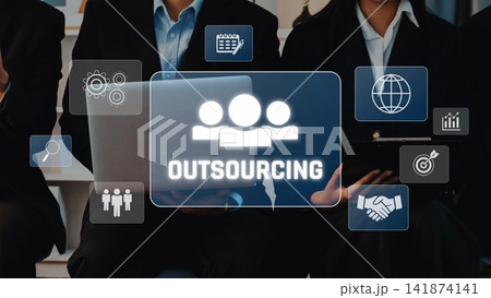 Business Team Collaboration with Outsourcing Concept, Professional People in Suits Working on Laptops and Tablets with Digital Icons Representing Global Services. Raster Business Team Collaboration with Outsourcing Concept, Professional People in Suits Working on Laptops and Tablets with Digital Icons Representing Global Services. Raster 141874141