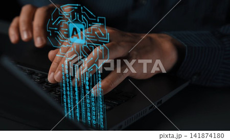 Hands Typing on Laptop with Floating AI Symbol and Digital Code Illustrating the Concept of Artificial Intelligence and Technology Integration in Work Gluon Hands Typing on Laptop with Floating AI Symbol and Digital Code Illustrating the Concept of Artificial Intelligence and Technology Integration in Work Gluon 141874180